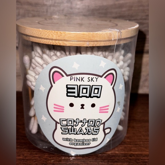 Pink Sky 300 Cotton Swabs with Bamboo Lid (Cat Face) Organizer by Argento - Picture 2 of 5